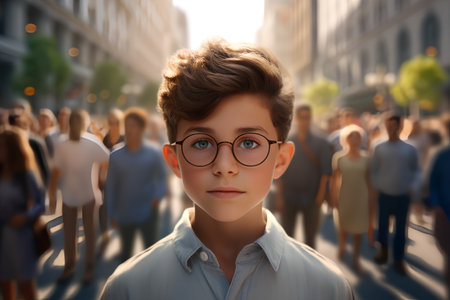 Portrait of a boy in glasses on the background of the cityの素材