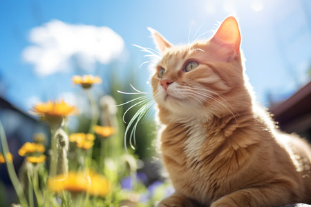 ginger cat sitting on the grass with flowers and blue sky backgroundの素材
