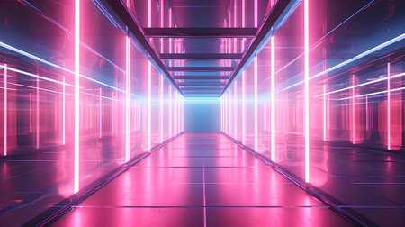 Futuristic corridor with glowing neon lights. 3D Renderingの素材