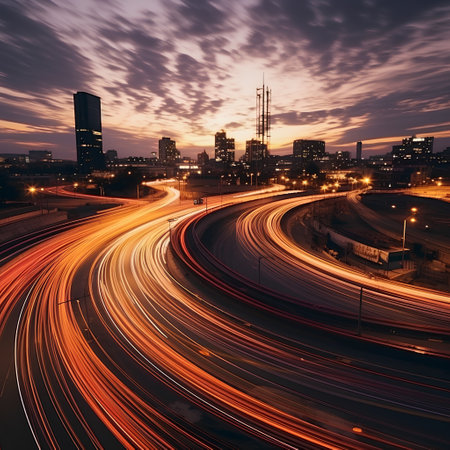 Traffic in the city at night. Long exposure photo taken in Frankfurt, Germany.の素材