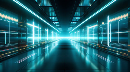 Futuristic corridor with glowing lights, 3d rendering abstract backgroundの素材