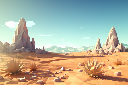 Desert landscape with rocks and grass. Cartoon style vector illustration.の素材