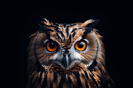 Portrait of a beautiful owl with orange eyes on black background.の素材