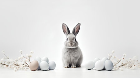 Rabbit and easter eggs on white background. Easter holiday conceptの素材