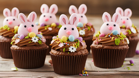 Easter cupcakes decorated with chocolate bunny ears and colorful eggs on wooden backgroundの素材
