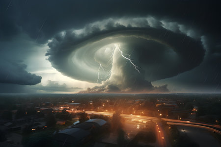 Thunderstorm over the city at night, 3d rendering. Computer digital drawingの素材