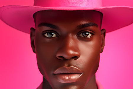 African american man in hat. Portrait of african american male model on pink background.の素材