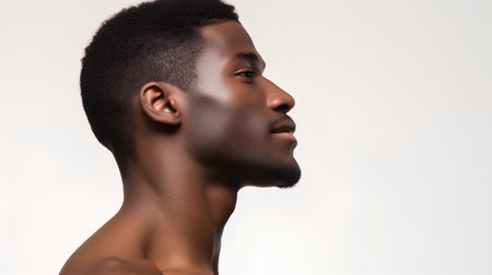 Side view of young african american man looking away on grey backgroundの素材