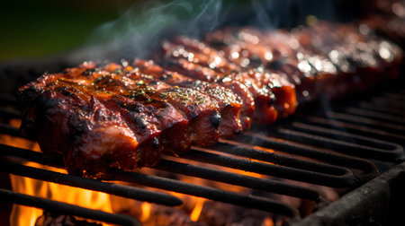 Grilled pork ribs on a barbecue grill. Shallow depth of fieldの素材