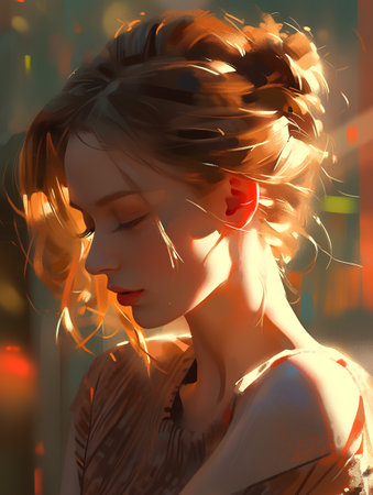 Portrait of a beautiful young woman with red lips. 3D rendering.の素材