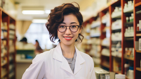 Portrait of smiling female pharmacist in white coat and eyeglasses standing in pharmacyの素材