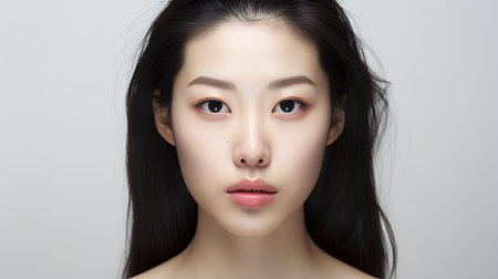 Beautiful asian woman face with clean fresh skin. Studio shot.の素材
