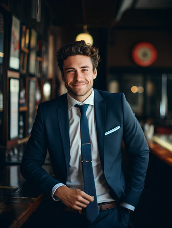 Portrait of a handsome young businessman in a suit at the bar.の素材