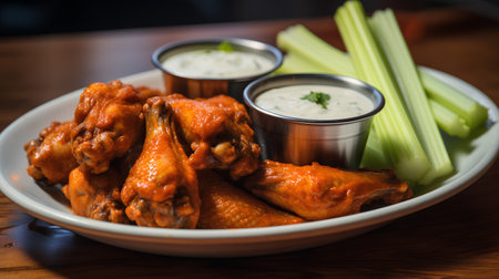 Buffalo chicken wings with celery and dip sauce on wooden tableの素材
