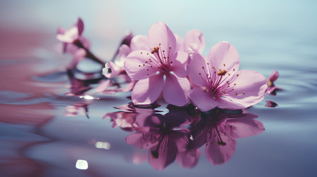 cherry blossom sakura flowers on the water background with reflectionの素材