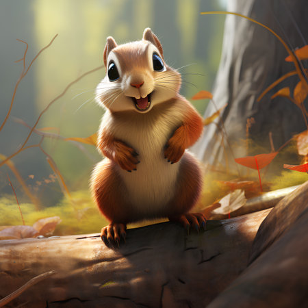 3D render of a cute squirrel sitting on a log in the forestの素材