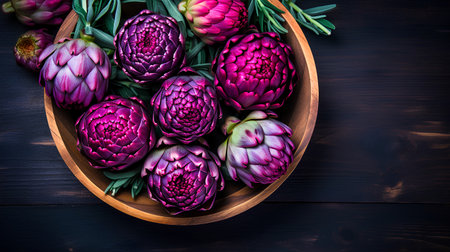 Fresh purple artichoke flowers on dark wooden background. Top viewの素材