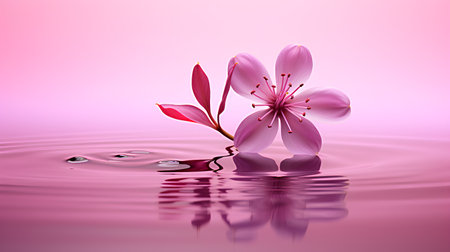 Pink flower in water with ripples and reflection. Vector illustration.の素材
