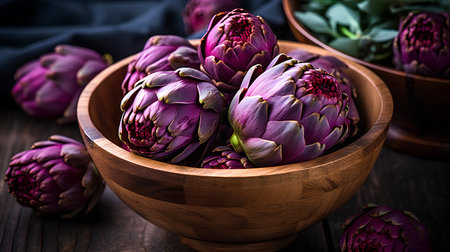 Fresh purple artichokes in a wooden bowl on a dark background.の素材