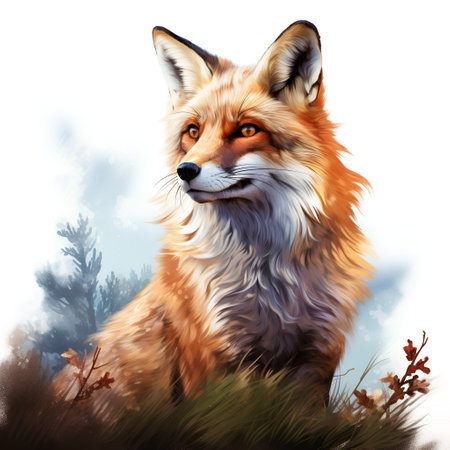 Red fox sitting in the meadow. Digital painting. Vector illustration.の素材