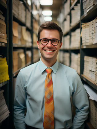 Portrait of a smiling young businessman standing in a book store.の素材