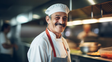 Portrait of a smiling senior chef standing in the kitchen of a restaurantの素材