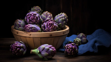 Fresh artichokes in a wooden bowl on a dark wooden backgroundの素材