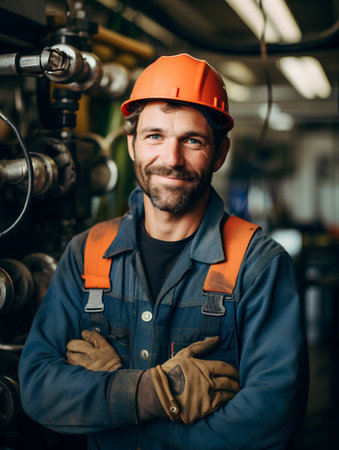 Portrait of a happy male worker in a helmet standing with his arms crossed.の素材