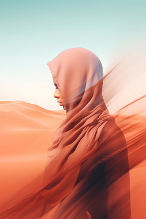 Young muslim woman in red hijab on abstract background. 3d renderingの素材