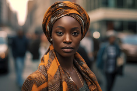 Beautiful african american woman in a headscarf on the streetの素材
