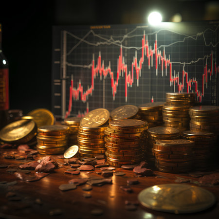 Investment concept, Coins on wooden table with stock market graph backgroundの素材