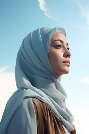 Portrait of beautiful young muslim woman with hijab looking away against blue skyの素材