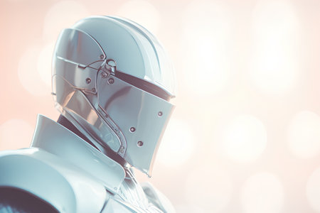 Close-up of medieval knight helmet on blurred bokeh backgroundの素材