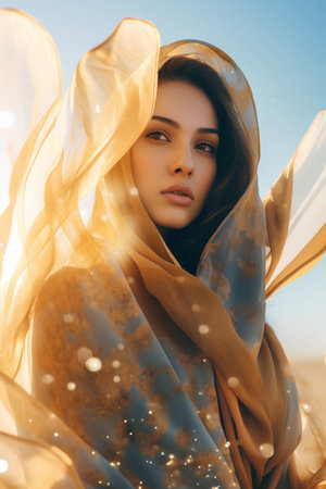 Beautiful girl in a yellow silk scarf. Young woman on a background of blue skyの素材