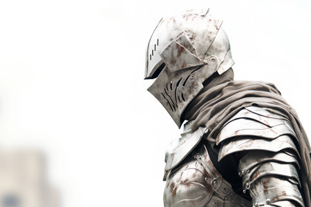 Knight in armor on the background of the city. Close-up.の素材