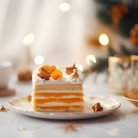 Piece of cake with orange on the background of the Christmas treeの素材