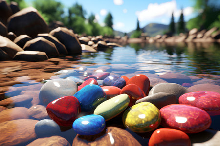 colorful stones in water on a sunny day. 3d renderの素材