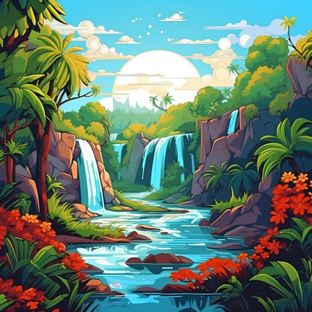 Tropical forest landscape with waterfall and flowers. Vector illustration.の素材