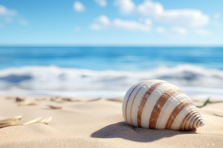 Seashell on the sandy beach with the sea in the backgroundの素材