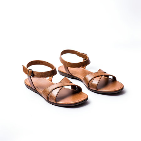 Women's leather sandals isolated on white background. Selective focus.の素材