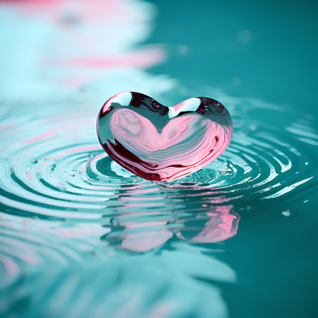Water drop with heart on water surface. Love and romance concept.の素材