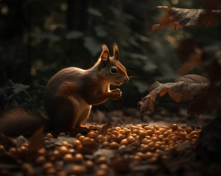 Squirrel in the autumn forest eating a hazelnut. Side view.の素材