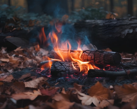 Bonfire in the autumn forest, selective focus, shallow DOFの素材