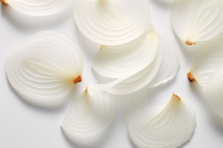 Slices of white onion isolated on white background, top viewの素材