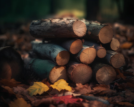 Pile of firewood in the autumn forest. Selective focus.の素材
