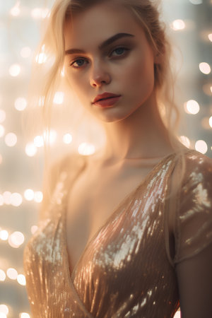 Portrait of a beautiful young girl in a gold dress. Fashion photo.の素材