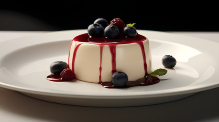 Panna cotta with fresh berries on white plate, closeupの素材