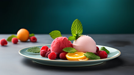 Fruit ice cream scoops with fresh raspberries, oranges and mint leaves.の素材