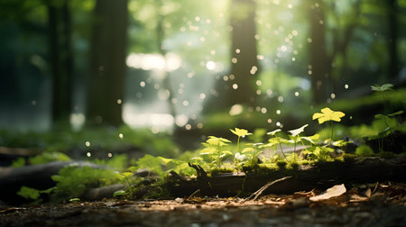 Green leaves in the forest with sunlight and bokeh background.の素材