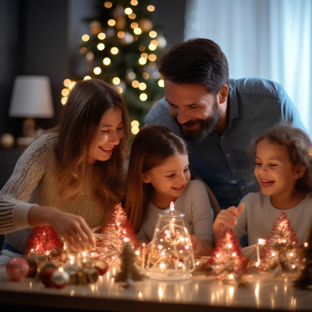 family, holidays, generation and people concept - happy family decorating christmas tree at homeの素材